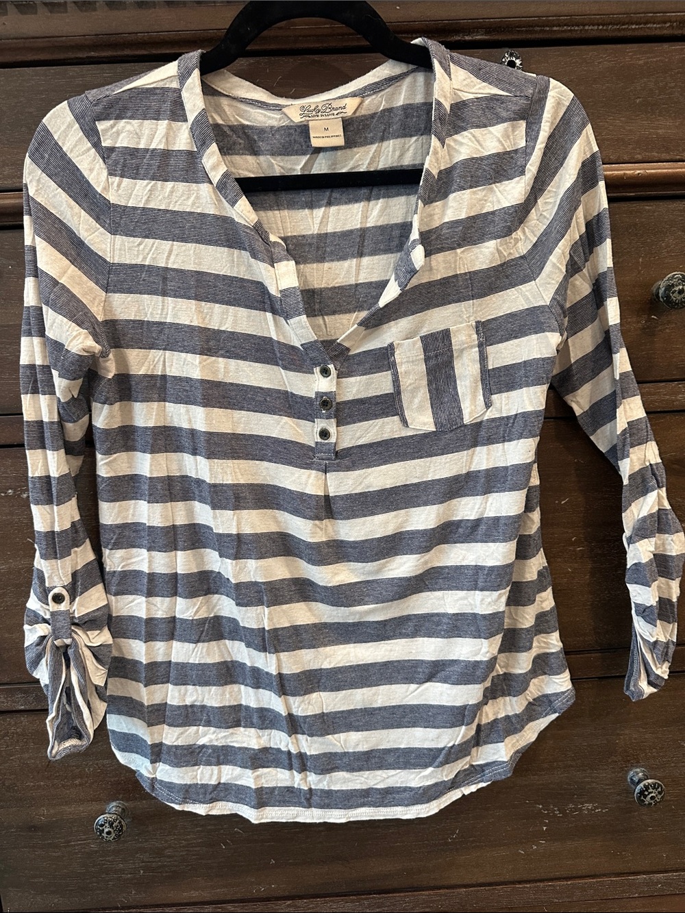 Lucky Brand Blue and White Striped Henley Long Sleeve Top